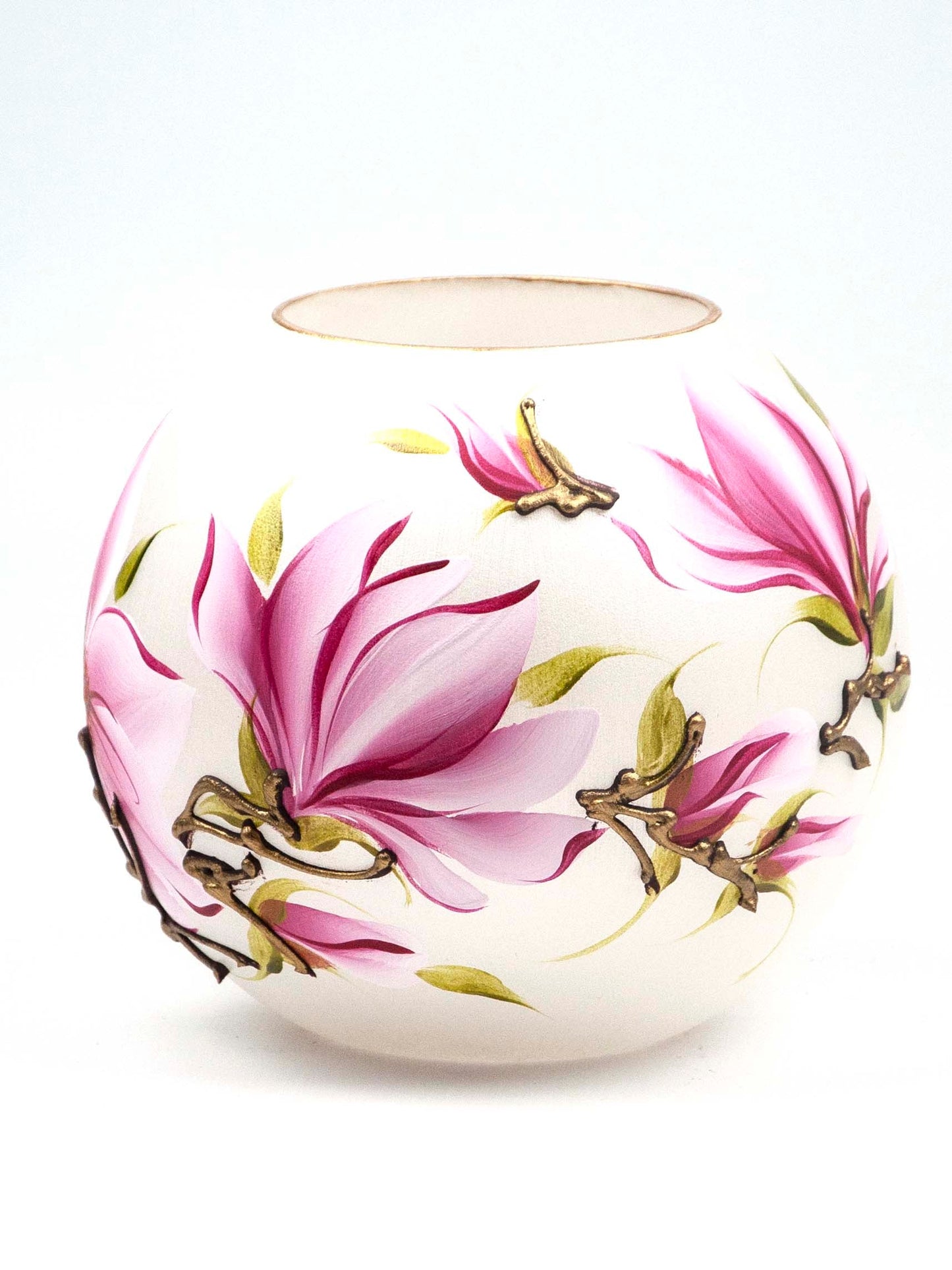 Handpainted Glass Vase | Painted Pink Flowers Art Glass Round Vase (CA)