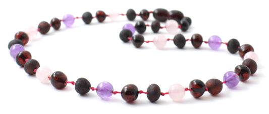 Baltic Amber, Amethyst and Rose Quartz Necklace Children Adult (PC)