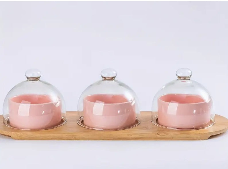 Ceramic Bowls With glass Lids, Bamboo Wood Tray- Pink (MW)