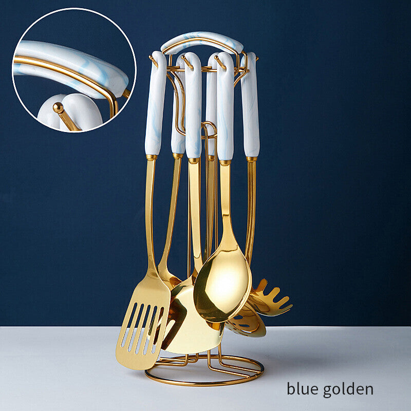 Ceramic Golden 7 Piece Stainless Steel Kitchen Utensils Set (MW)
