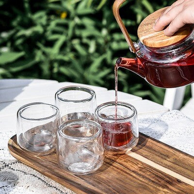 Glass Teapot Set With Wooden Tray, Double-Layer Glass Teacup (MW)