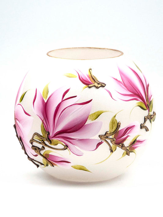 Handpainted Glass Vase | Painted Pink Flowers Art Glass Round Vase (CA)