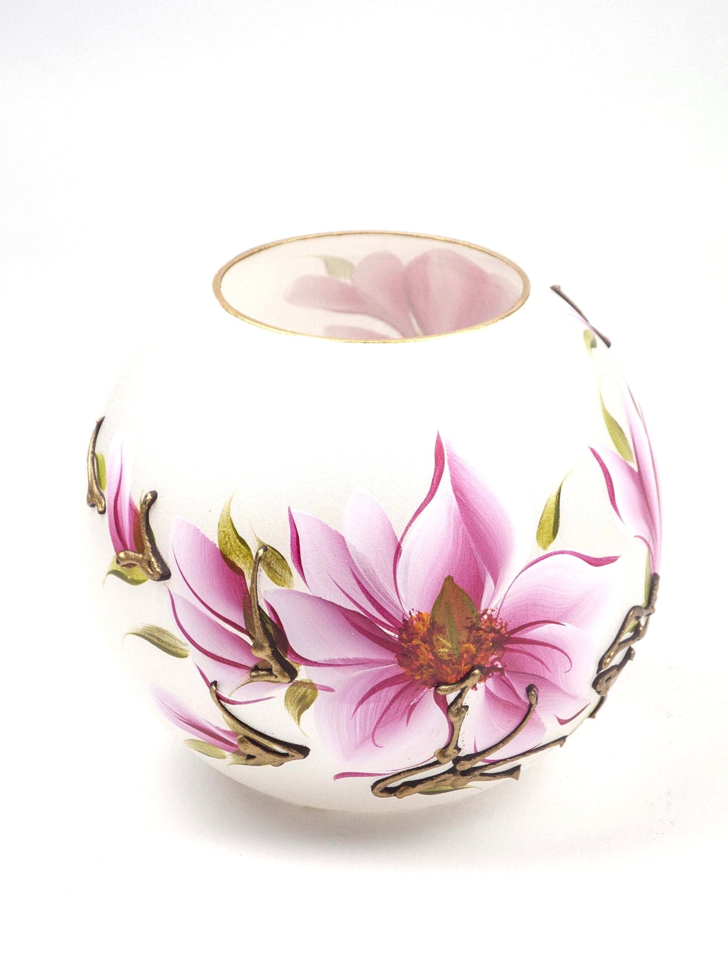 Handpainted Glass Vase | Painted Pink Flowers Art Glass Round Vase (CA)