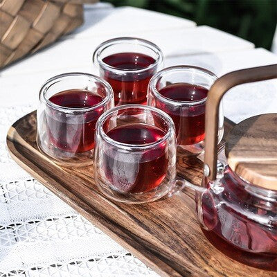Glass Teapot Set With Wooden Tray, Double-Layer Glass Teacup (MW)