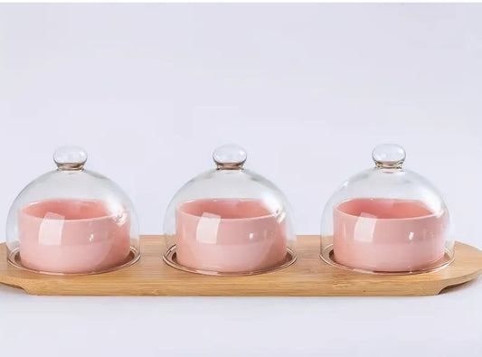 Ceramic Bowls With glass Lids, Bamboo Wood Tray- Pink (MW)
